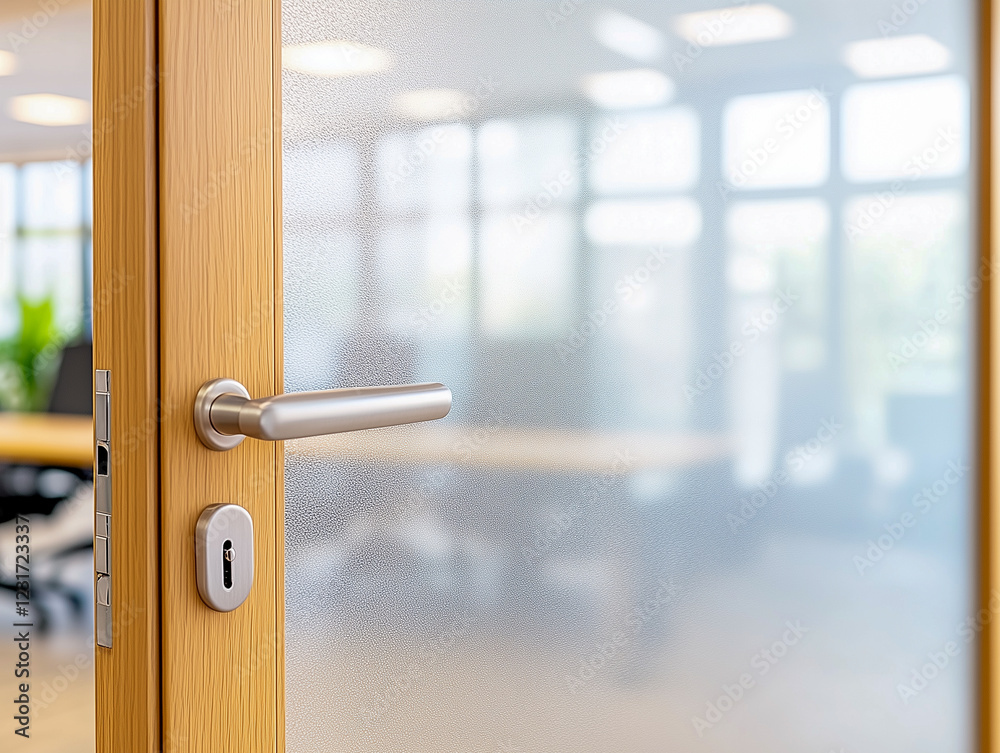 Close up of a frosted glass door with a blurred view of an office space behind it. Close up of a frosted glass door with a blurred view of an office space behind it.