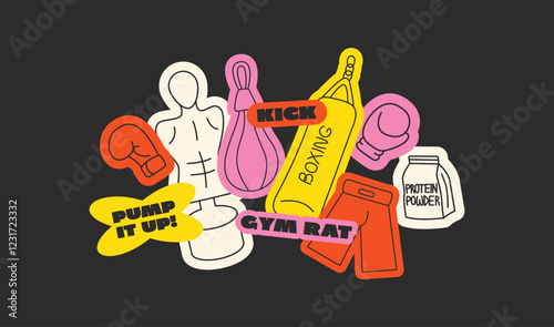 Retro boxing sport stickers. Trendy labels in a minimalist style in bright colors. Set of doodle cartoon vector patches in 90s style. Protein, boxing glove, punching dummy