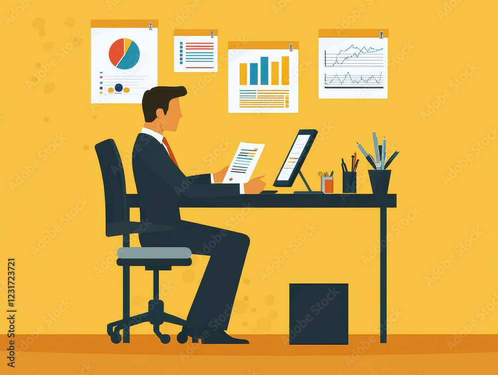 businessman reviewing documents at desk with charts and graphs on wall, showcasing quality assurance process in professional setting