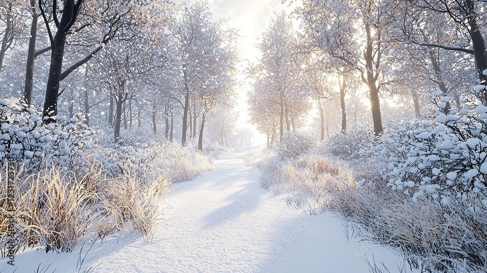 Snow-Covered Hiking Trail Winding Through a Snowy Forest Snow-Covered Hiking Trail Winding Through a Snowy Forest