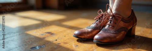 Close-up of worn dance shoes on a wooden floor, aged, rhythm and blues photo