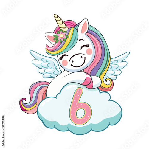Cute humble unicorn with horn and wings hugs cloud with number 6 on white background. Poster, Banner, Flyer, Greeting Card. Vector illustration in flat cartoon style