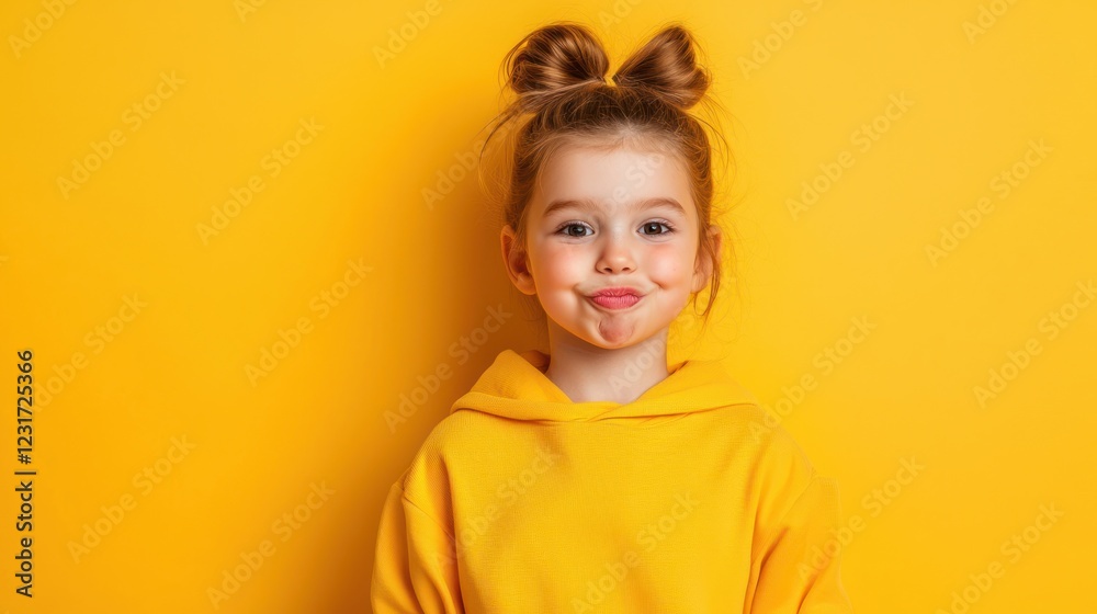 Cute Girl in Yellow Hoodie on Yellow Background Cute Girl in Yellow Hoodie on Yellow Background