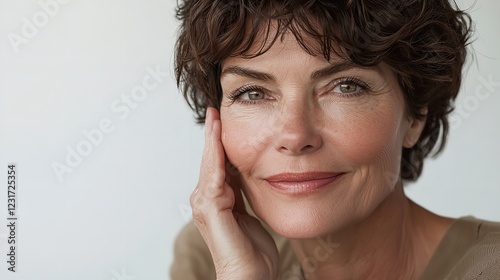 Elegant 50s mid-aged woman gazes confidently at the camera in a close-up portrait, showcasing her mature beauty. Isolated on a white background, the image captures the essence of healthy skin care