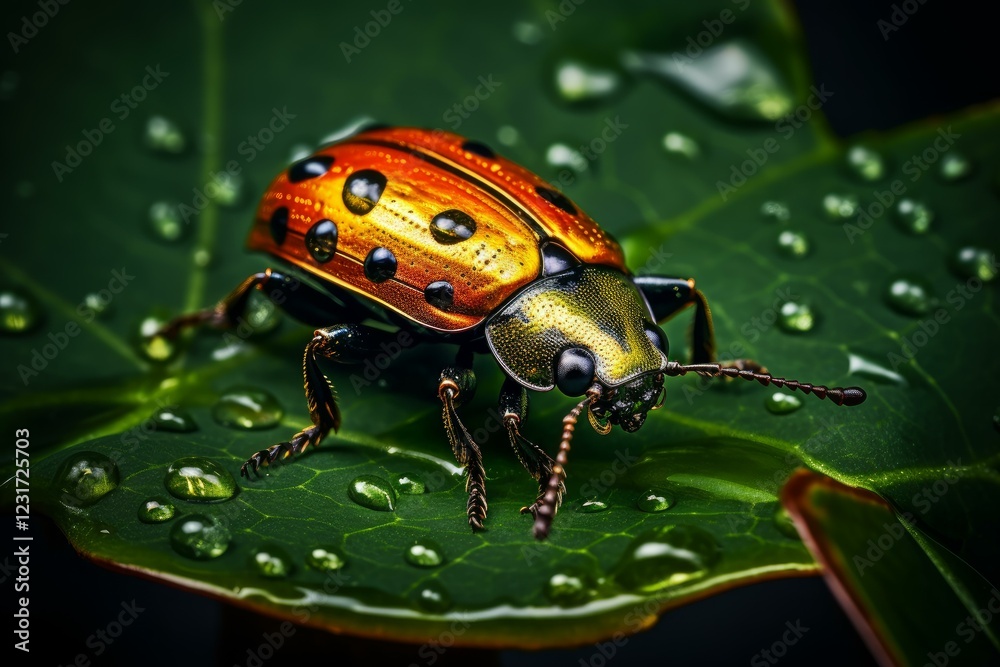 Naklejka premium Vibrant metallic beetle exploring a lush, wet leaf in a tropical rainforest, showcasing nature's beauty and diversity