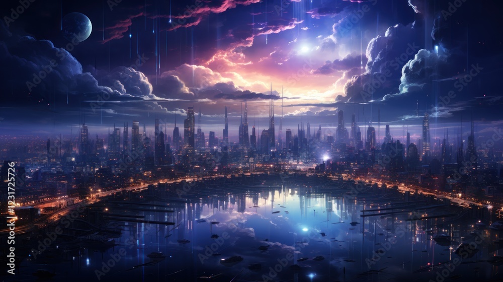 Obraz premium Futuristic city skyline, meteor shower, night, reflection, artwork