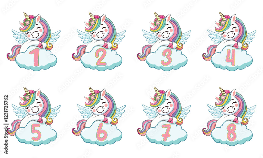 Obraz premium Set of cute humble unicorn with horn and wings hugs cloud with numbers on white background. Poster, Banner, Flyer, Greeting Card. Vector illustration in flat cartoon style