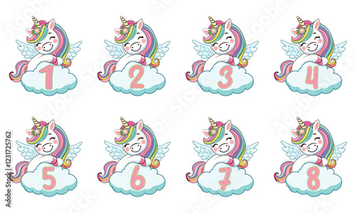 Set of cute humble unicorn with horn and wings hugs cloud with numbers on white background. Poster, Banner, Flyer, Greeting Card. Vector illustration in flat cartoon style
