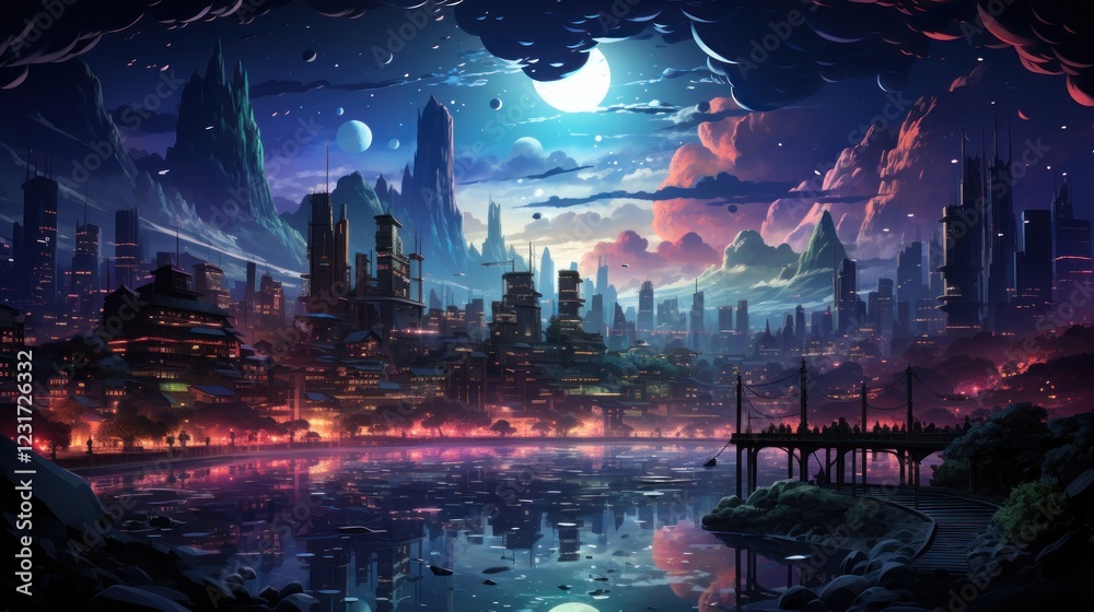 Fototapeta premium Futuristic city nightscape, moonlit lake, alien planets, fantasy art, game design