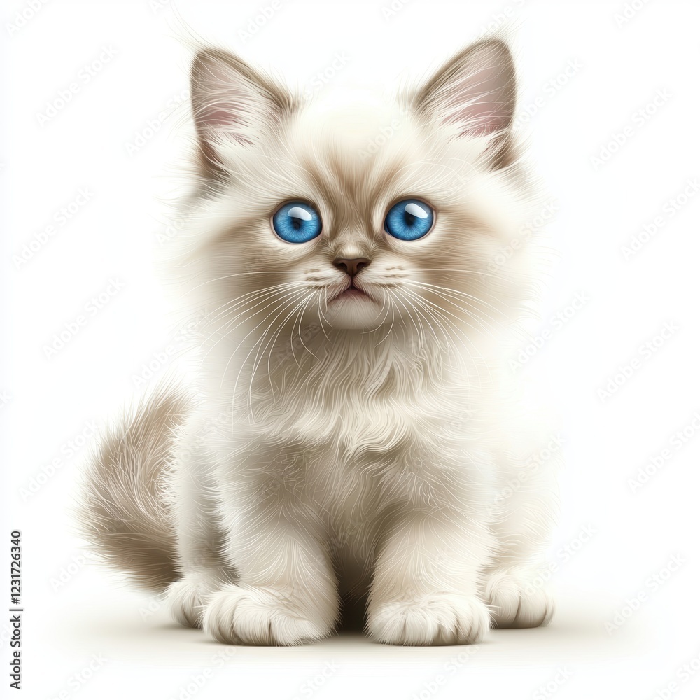 Fototapeta premium Playful Ragdoll kitten with a soft cream coat and gentle blue eyes, isolated on a clean white background