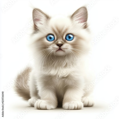 Playful Ragdoll kitten with a soft cream coat and gentle blue eyes, isolated on a clean white background