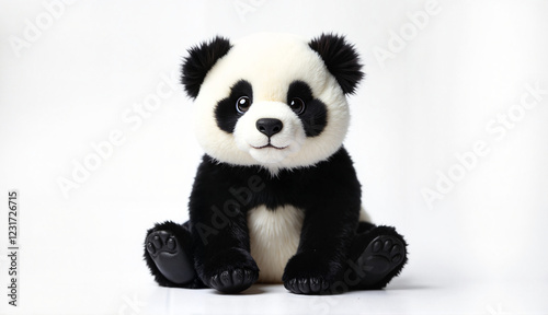 Stuffed panda toy sitting adorably on a white background with copy space photo
