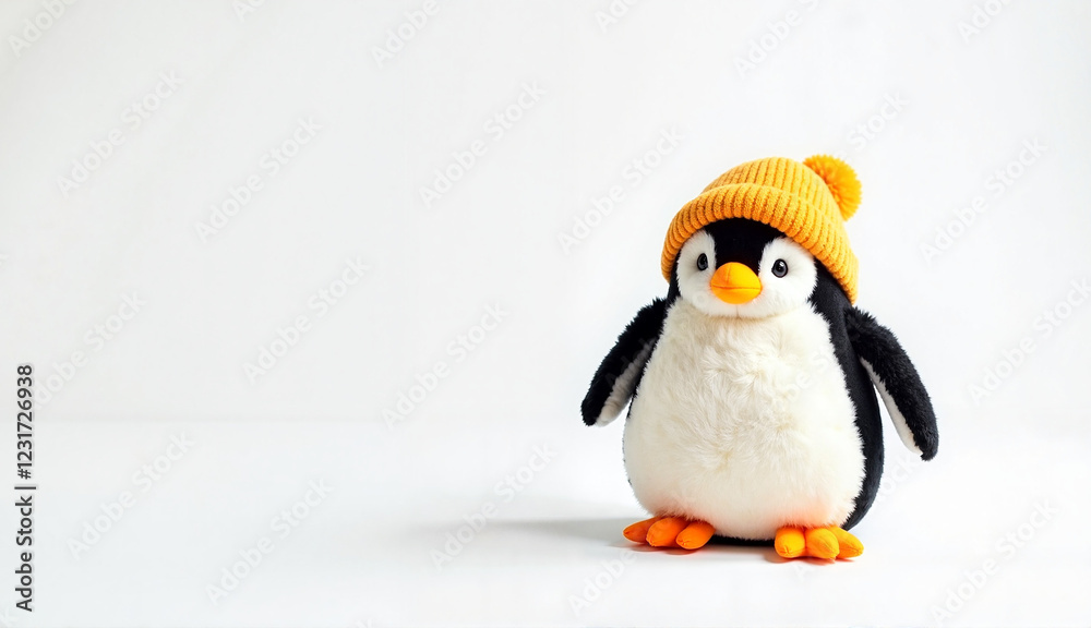 Obraz premium Stuffed penguin toy wearing a yellow hat standing cutely on a white background with copy space