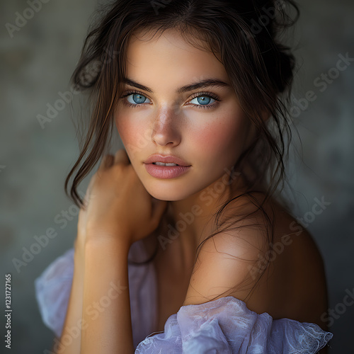 stunning portrait of young woman with long brunette hair and captivating blue eyes, showcasing natural beauty and soft features. background is softly blurred, enhancing her striking appearance