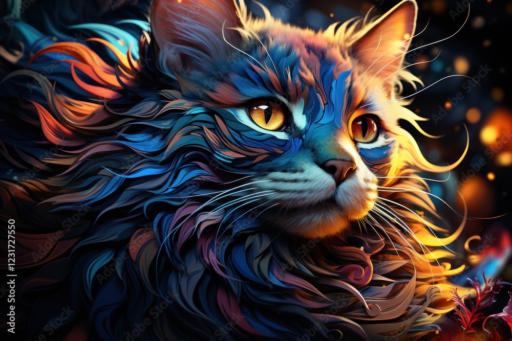 Fototapeta Colorful cat portrait, fantasy art, glowing background, pet design