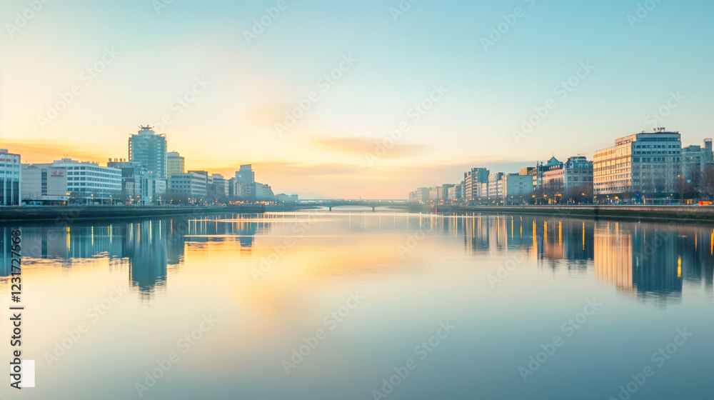 Golden dawn rising over River, dawn light reflecting on calm water, dawn creating serene scene with city buildings and bridge mirrored in the gentle flow Golden dawn rising over River, dawn light reflecting on calm water, dawn creating serene scene with city buildings and bridge mirrored in the gentle flow