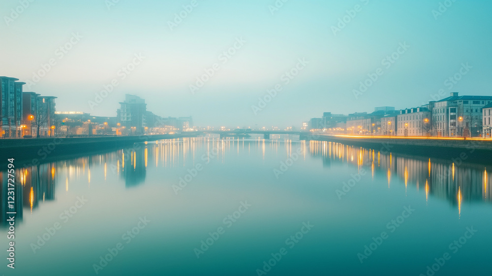 Foggy morning over river, fog covering the city center, fog blending with reflections of buildings and city lights, creating a serene and atmospheric scene Foggy morning over river, fog covering the city center, fog blending with reflections of buildings and city lights, creating a serene and atmospheric scene
