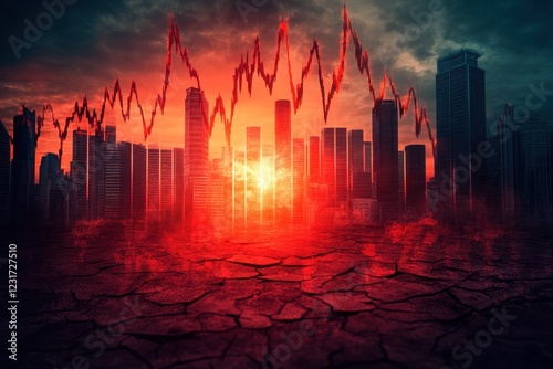 Cityscape sunset, economic downturn, cracked earth, stock market crash