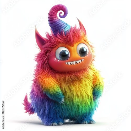 Rainbow-colored monster with soft fur and a spiral horn, centered on a clean white background