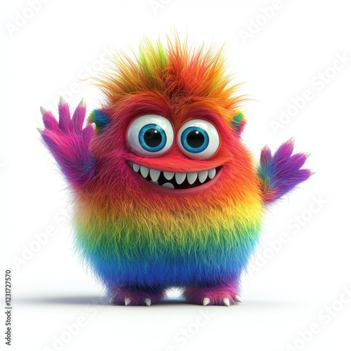 Rainbow-striped monster with soft fluffy fur and a friendly wave, placed on a bright white background