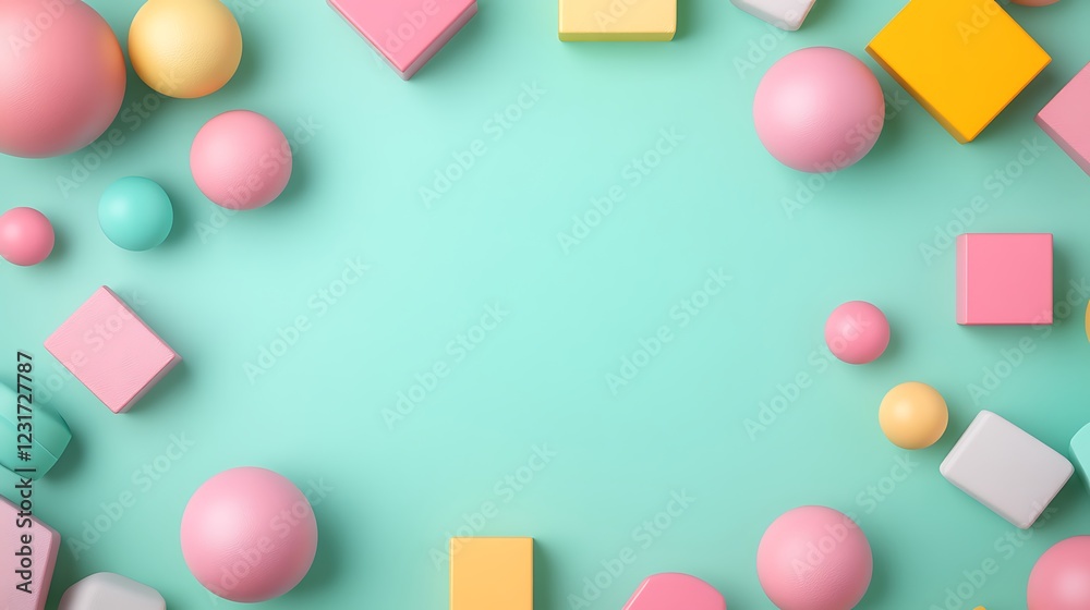 Playful Arrangement of Colorful Geometric Shapes on a Soft Mint Background for Artistic Imagery Playful Arrangement of Colorful Geometric Shapes on a Soft Mint Background for Artistic Imagery
