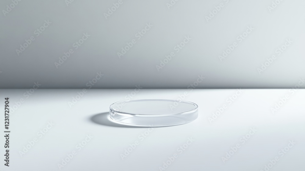 A clear glass petri dish on a white surface, casting soft shadows, in a minimalist and modern laboratory environment. A clear glass petri dish on a white surface, casting soft shadows, in a minimalist and modern laboratory environment.