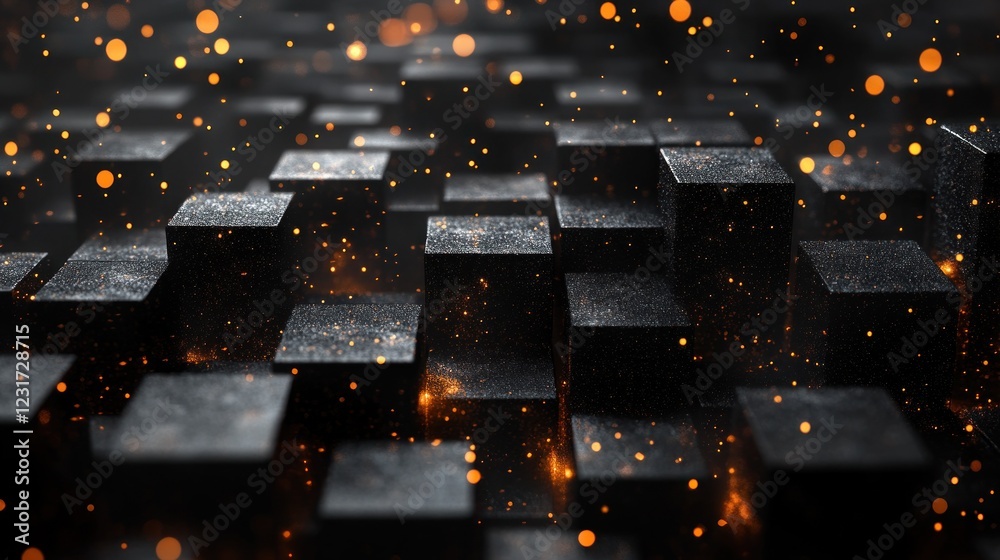 Obraz premium Dark background with abstract geometric blocks floating and creating a modern visual effect, isolated on transparent background