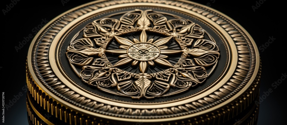 Ornate gold coin detail, dark background, luxury packaging Ornate gold coin detail, dark background, luxury packaging