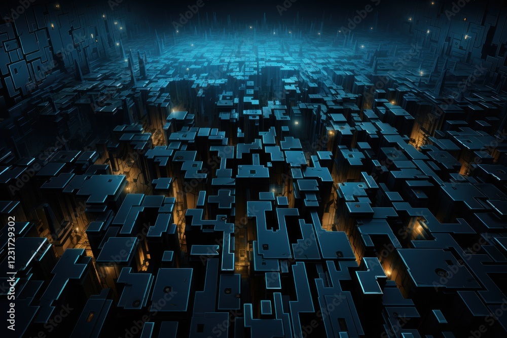 Fototapeta premium Futuristic city glowing at night, digital landscape, abstract background, tech concept