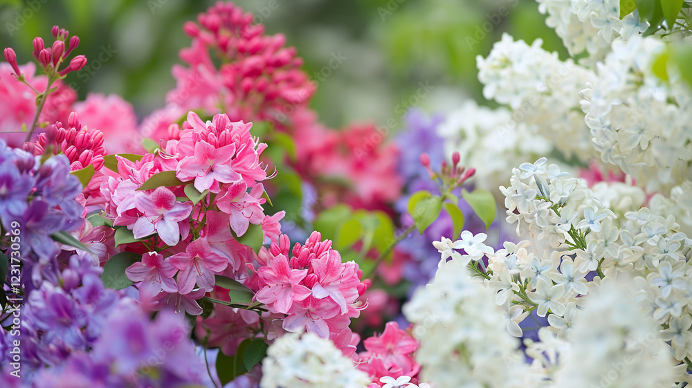 A whimsical spring garden with a mix of pink and purple azaleas blooming alongside white lilacs A whimsical spring garden with a mix of pink and purple azaleas blooming alongside white lilacs