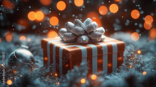 Gift box tied with ribbon and bow on shiny background.