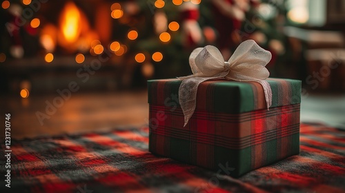 Gift box tied with ribbon and bow against fireplace background.