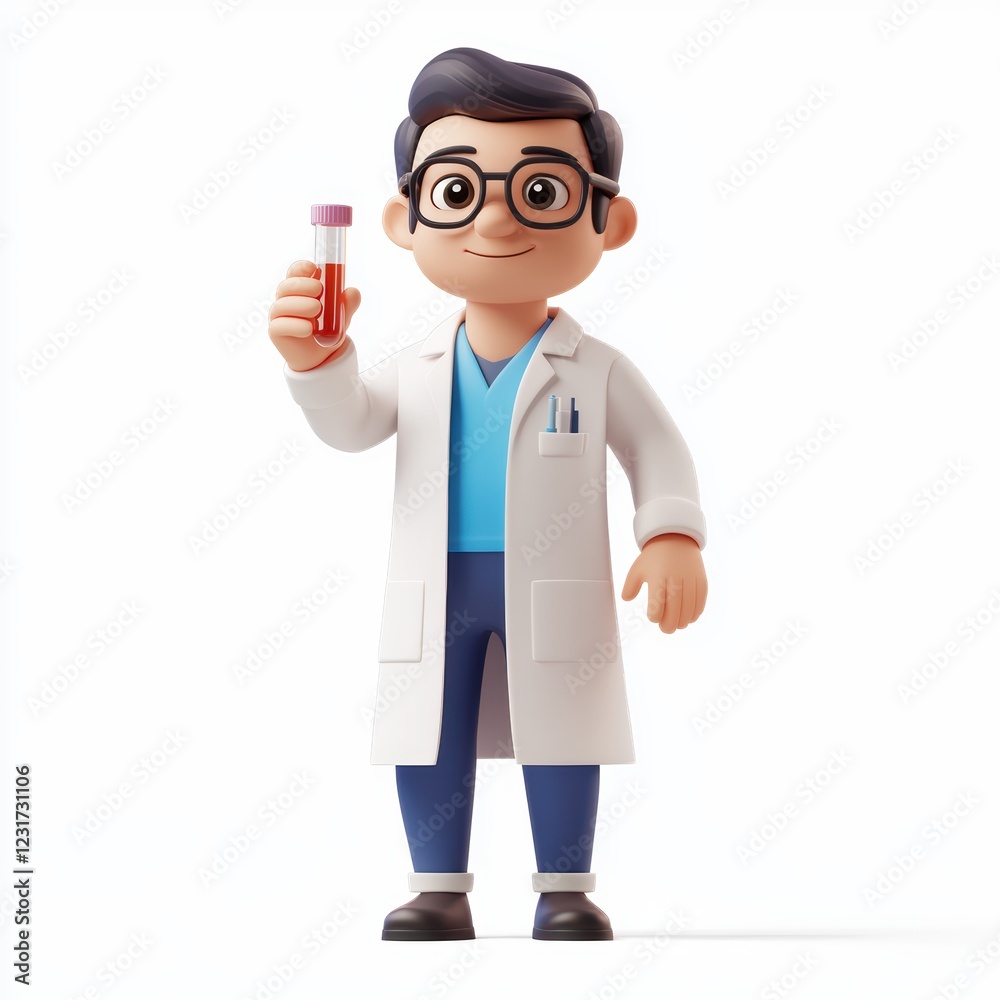 Scientist wearing a lab coat and holding a test tube, centered on a clean white background Scientist wearing a lab coat and holding a test tube, centered on a clean white background
