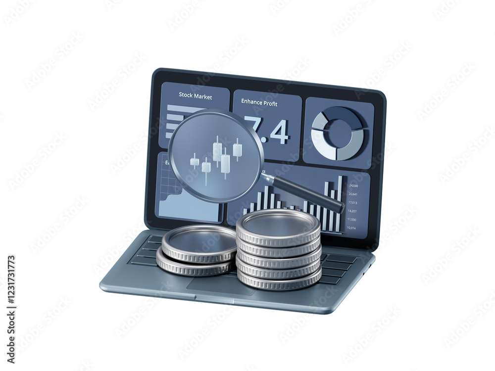 Fototapeta premium Transparent 3D Stock Market Analysis Dashboard with Trading Charts and Financial Investment Data.