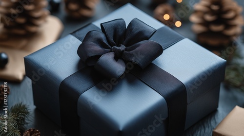 Blue gift box tied with a ribbon and a bow.