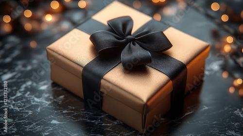 Gold gift box tied with black ribbon and a bow.
