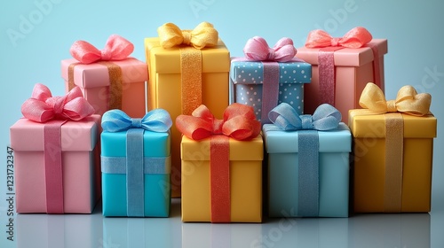 Different colors gift boxes tied with a ribbon and bow.