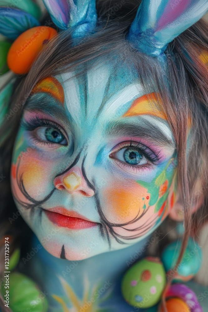 Close-up of a child's face with colorful face paint, Easter bunny ears, and decorative elements. Celebration of creativity and joy. Easter Interactive Face Painting Close-up of a child's face with colorful face paint, Easter bunny ears, and decorative elements. Celebration of creativity and joy. Easter Interactive Face Painting
