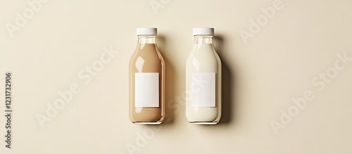 Top view of two glass bottles on light beige background one brown labeled protein and one white labeled lactose free milk representing healthy choices photo