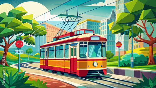 Colorful tram on a curved track surrounded by greenery, urban buildings, and a sunny sky