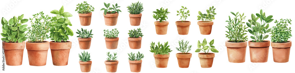 Assortment of various potted aromatic herbs and leafy plants including rosemary basil mint thyme parsley oregano and more for culinary decor and gardening purposes Assortment of various potted aromatic herbs and leafy plants including rosemary basil mint thyme parsley oregano and more for culinary decor and gardening purposes