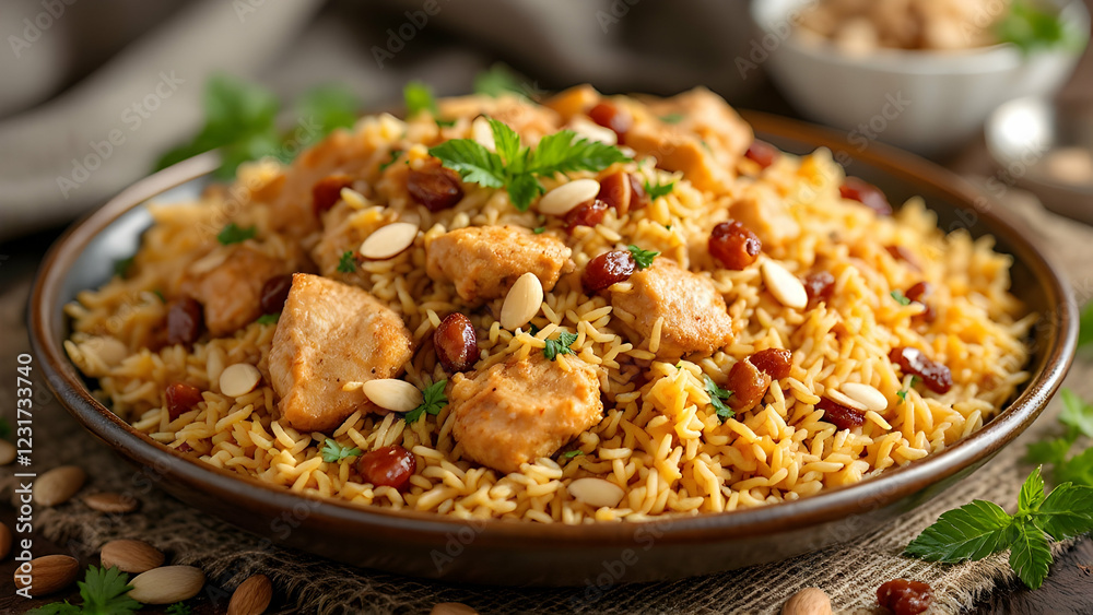 Chicken kabsa with fragrant spices, almonds, and raisins on a plate Chicken kabsa with fragrant spices, almonds, and raisins on a plate