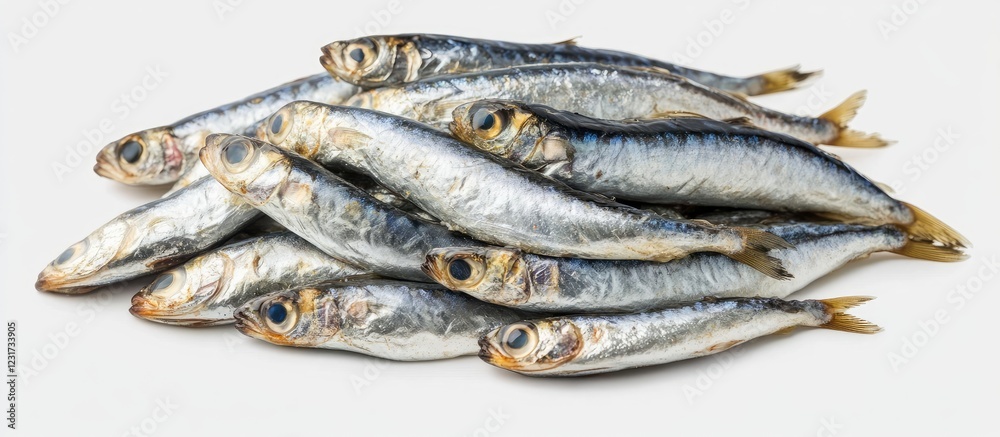 Variety of mini canned fish including shiny anchovies and mackerel arranged in a neat pile with silver and white colors against a bright background Variety of mini canned fish including shiny anchovies and mackerel arranged in a neat pile with silver and white colors against a bright background