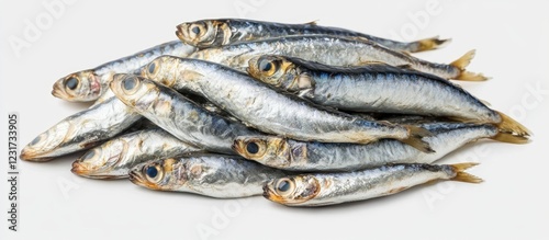 Variety of mini canned fish including shiny anchovies and mackerel arranged in a neat pile with silver and white colors against a bright background photo