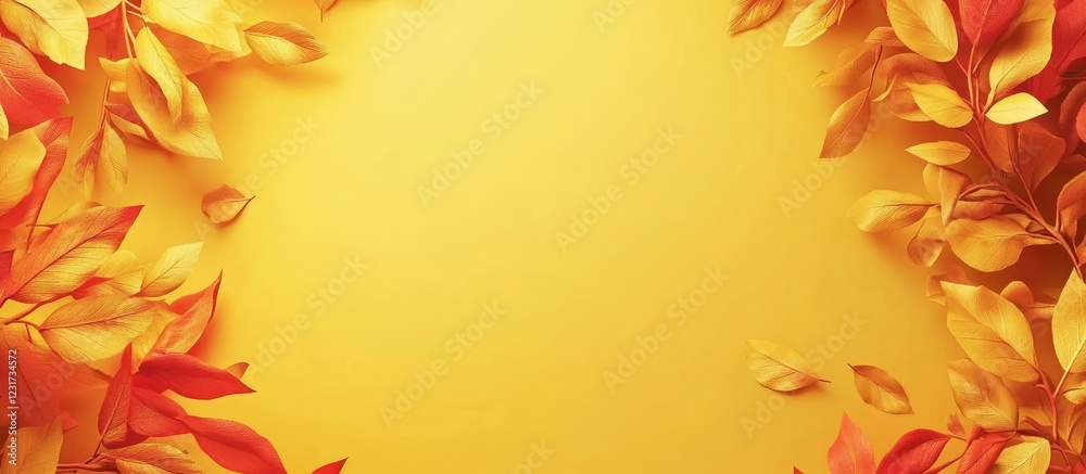 Vibrant yellow background adorned with red and orange autumn leaves framing ample copy space ideal for seasonal banner designs and creative projects Vibrant yellow background adorned with red and orange autumn leaves framing ample copy space ideal for seasonal banner designs and creative projects
