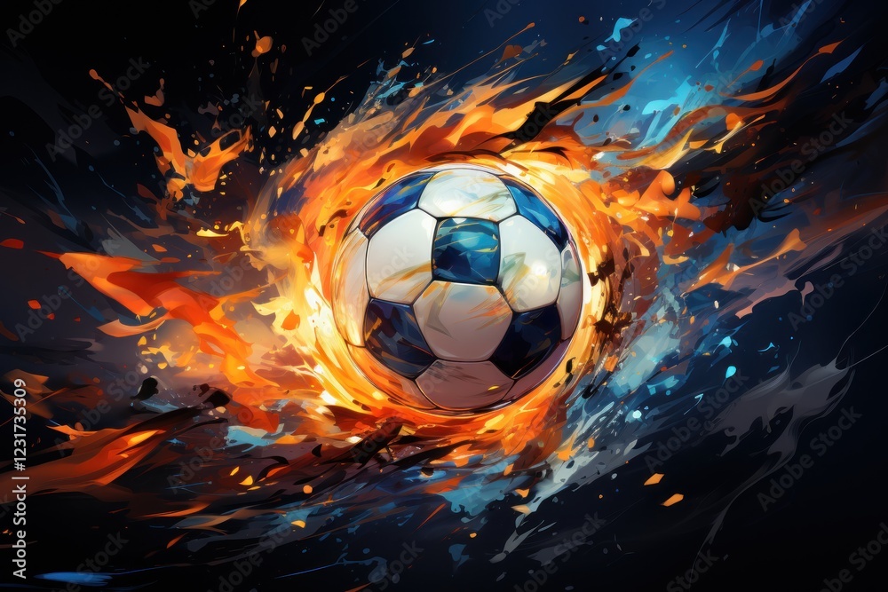 Fototapeta premium Fiery Soccer Ball, Dynamic Action, Abstract Background, Sports Graphic