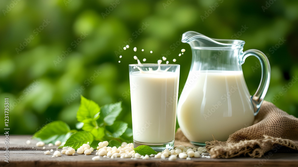 Fresh milk served in glass and pitcher with nature background, ideal for dairy ads Fresh milk served in glass and pitcher with nature background, ideal for dairy ads