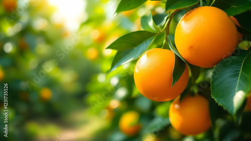 Ripe oranges hanging from tree, perfect for agricultural and healthy living visuals