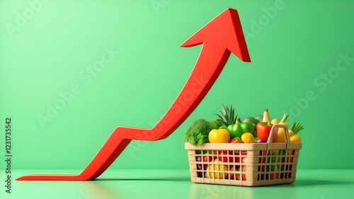 Grocery basket with food items and arrow, highlighting rising food costs photo