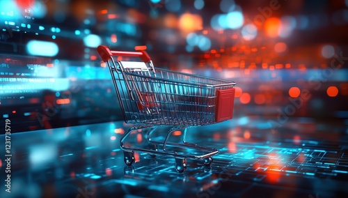 Online shopping cart on digital interface, glowing city background